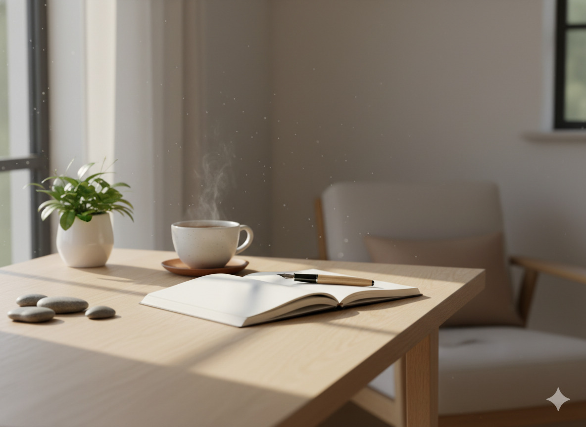 Calm workspace with a notebook, a cup of tea, and soft natural light coming through a window