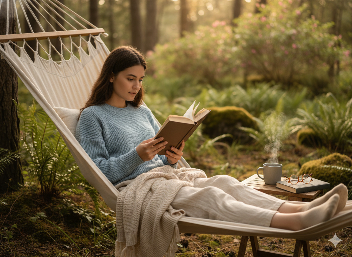 Person reading a book outdoors in soft daylight, relaxed and focused