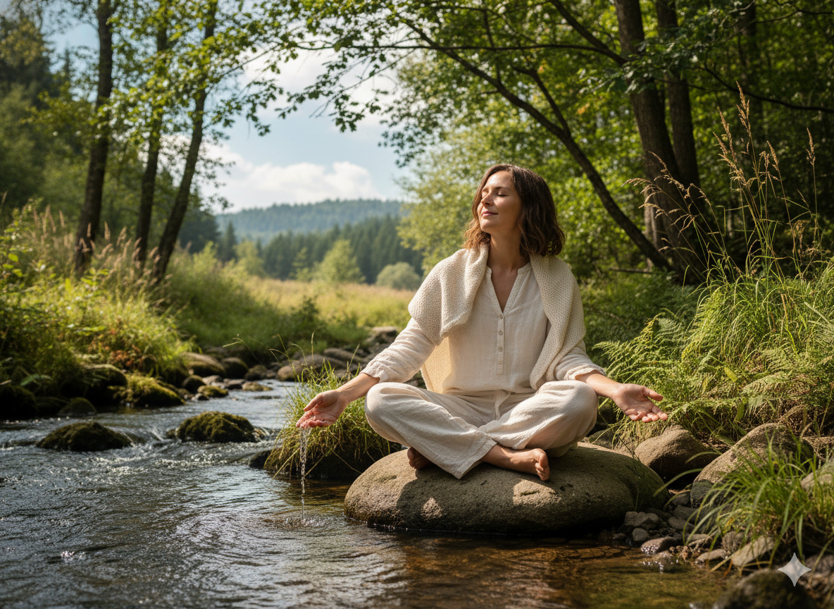 Person sitting calmly outdoors in a natural setting, looking relaxed and at ease